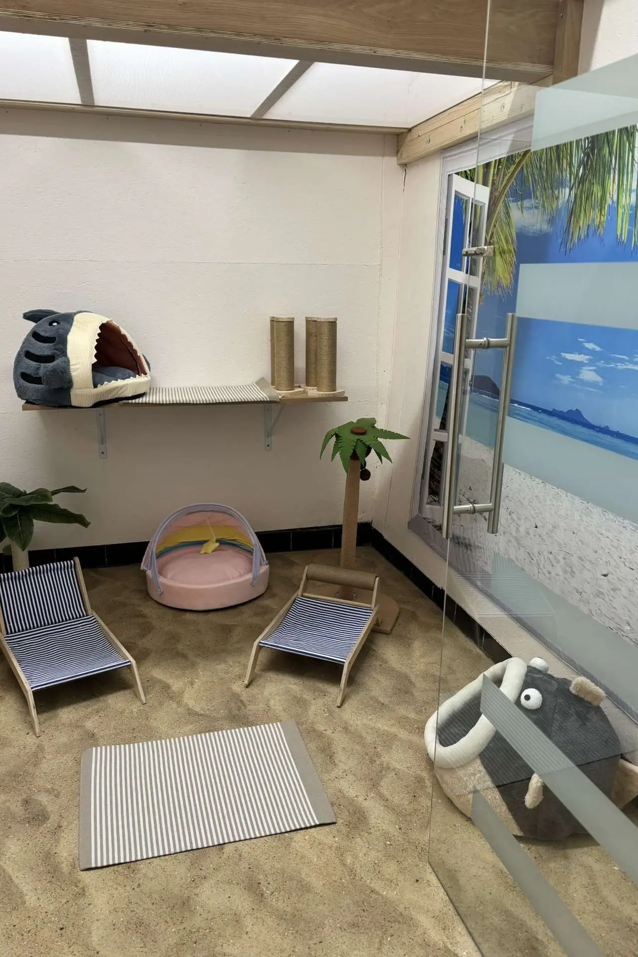 Pièce aménagée pour chats avec sol en sable, transats, arbre à chat, niche en forme de requin et fresque murale représentant une plage.