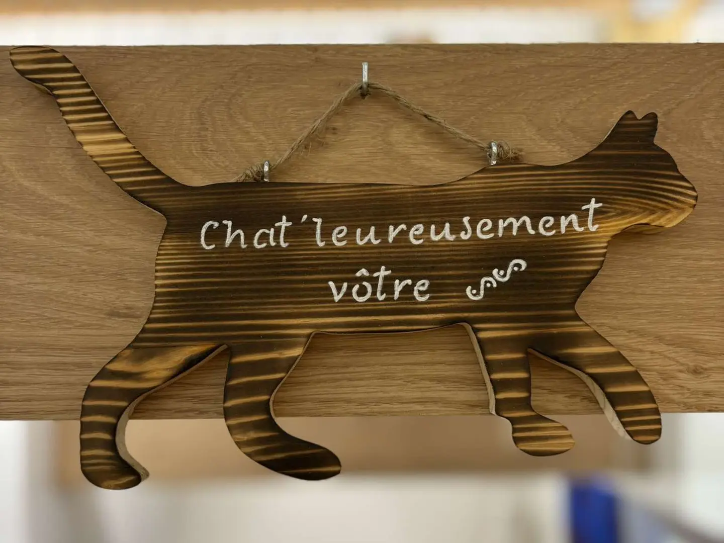 Panneau en bois en forme de chat avec l'inscription "Chat'leureusement Vôtre".