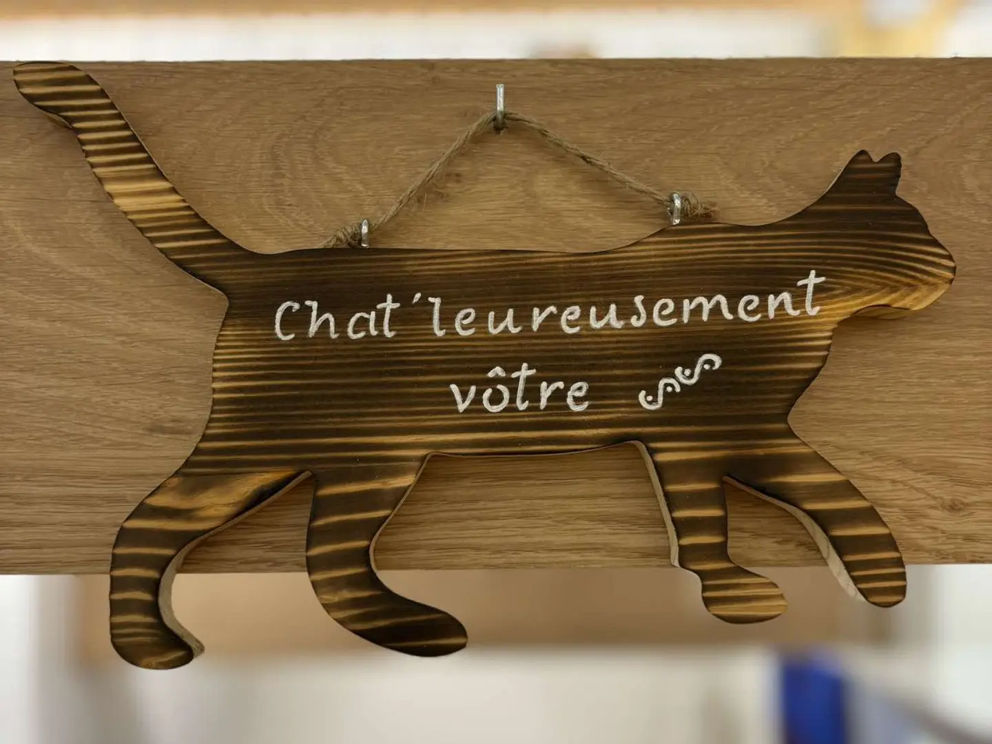 Panneau en bois en forme de chat avec l'inscription "Chat'leureusement Vôtre".